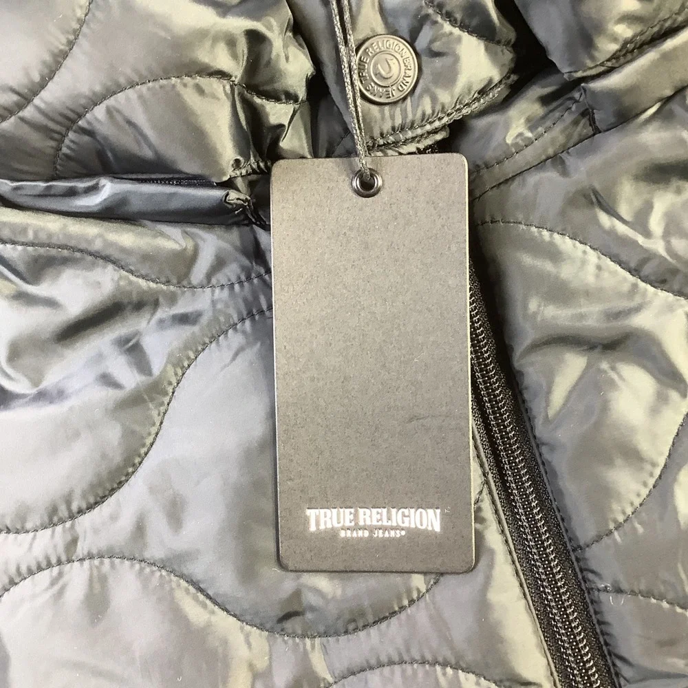 True‎ Religion Onion Quilt Puffer Jacket Black XL Detatchable Hood Full Zip NWT